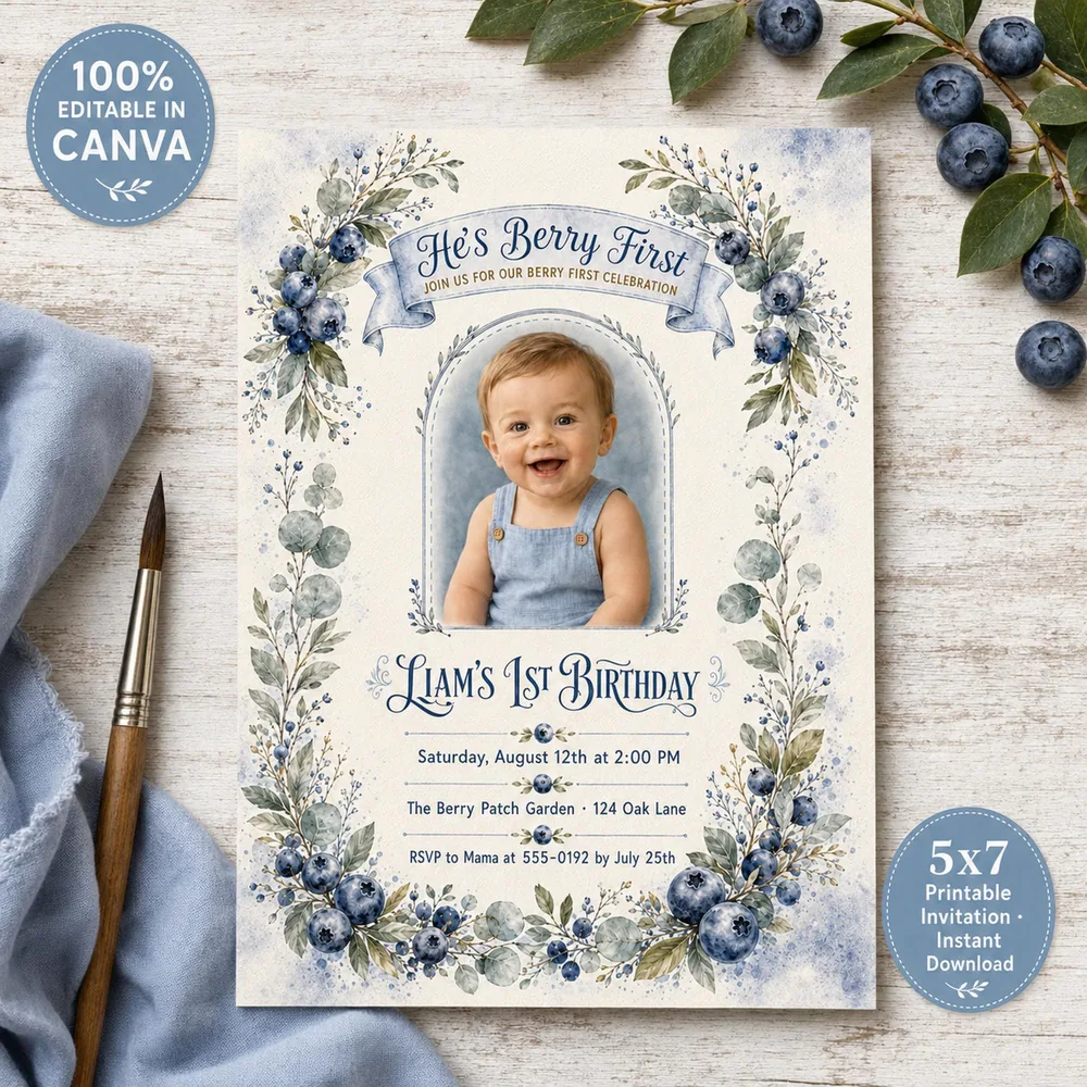 Berry First Birthday Canva Party Template