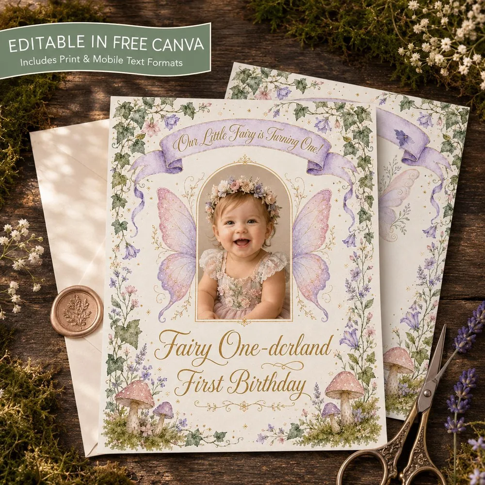 Fairy First Birthday Invitation Canva Template