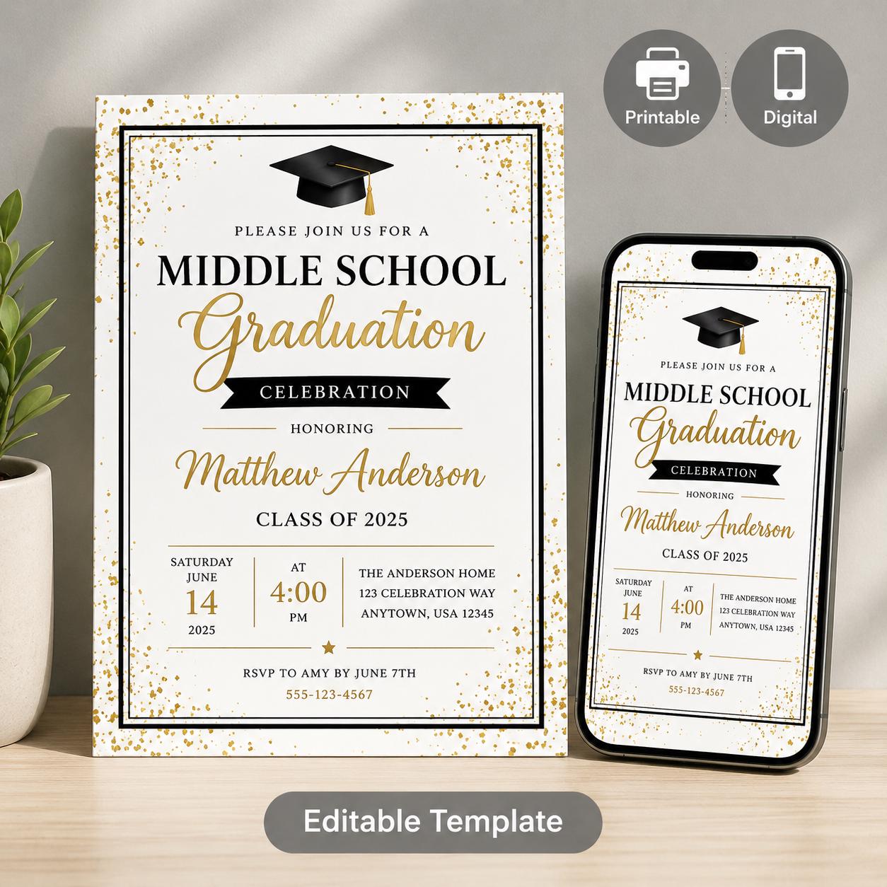Editable Middle School Graduation Invitation Templates (Canva & Mobile)